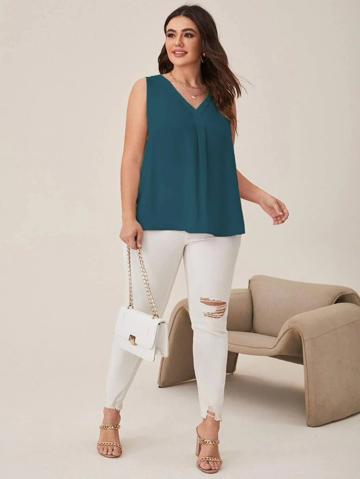 Curvy CLOSET  Casual Sleeveless Solid Women Dark Green Top - Image 4
