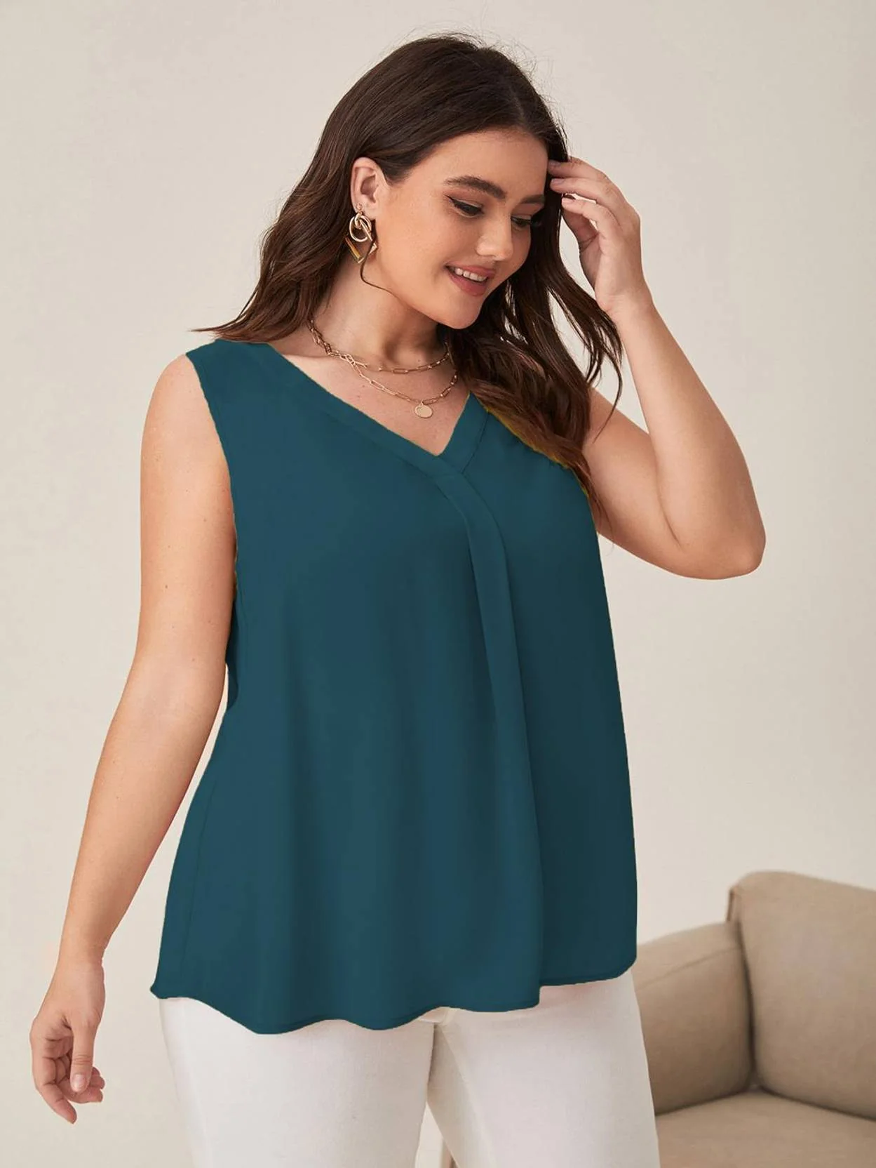 Curvy CLOSET  Casual Sleeveless Solid Women Dark Green Top - Image 5