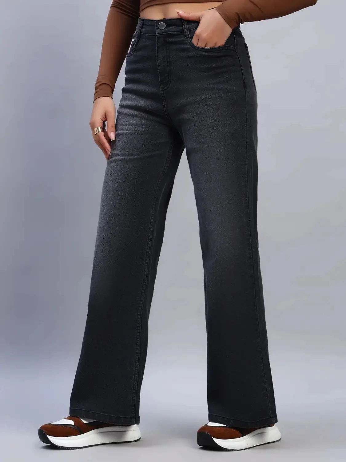 High Waist Wide Leg Black Denim Jeans for Women - Image 3