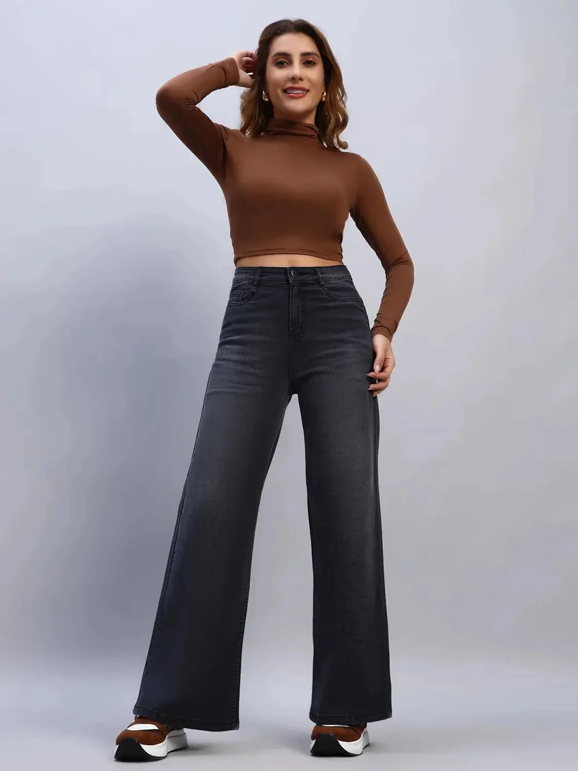High Waist Wide Leg Black Denim Jeans for Women - Image 4