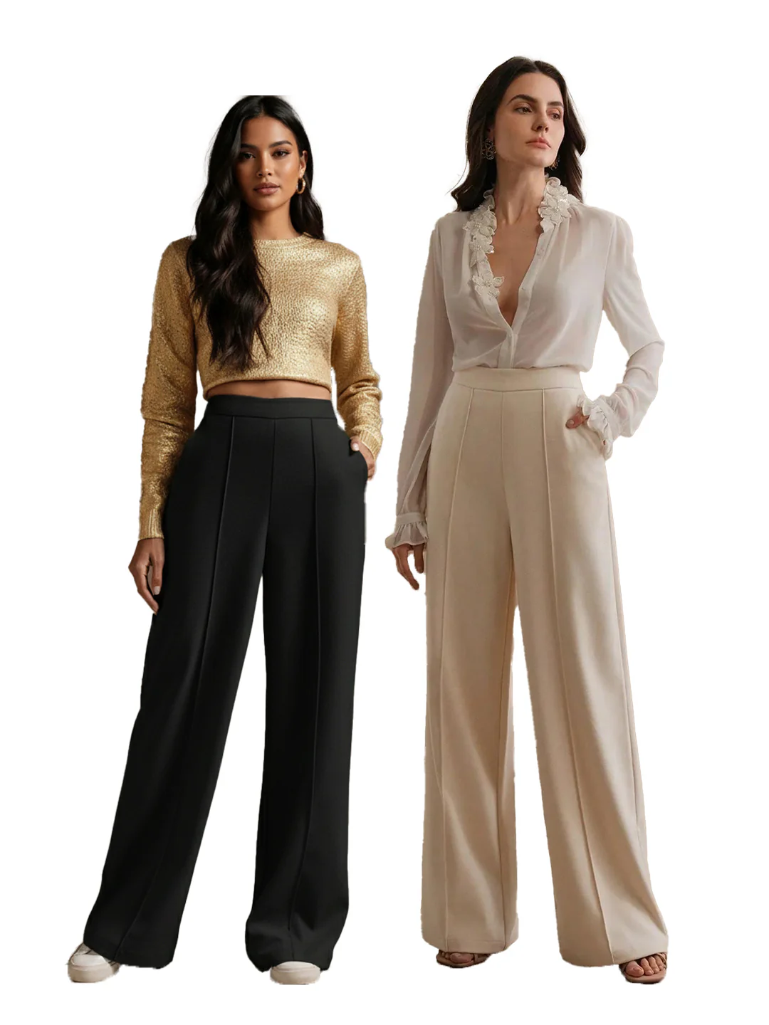 High-Waisted Beige Wide-Leg Pleated Trousers