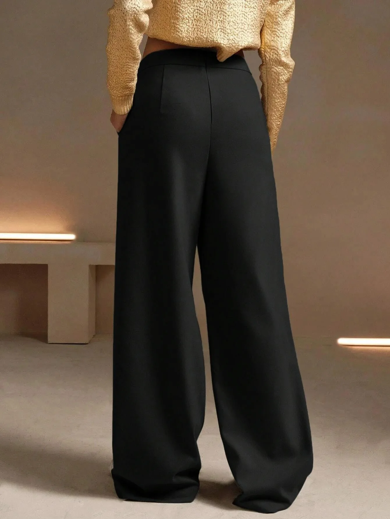 High-Waisted Beige Wide-Leg Pleated Trousers - Image 5