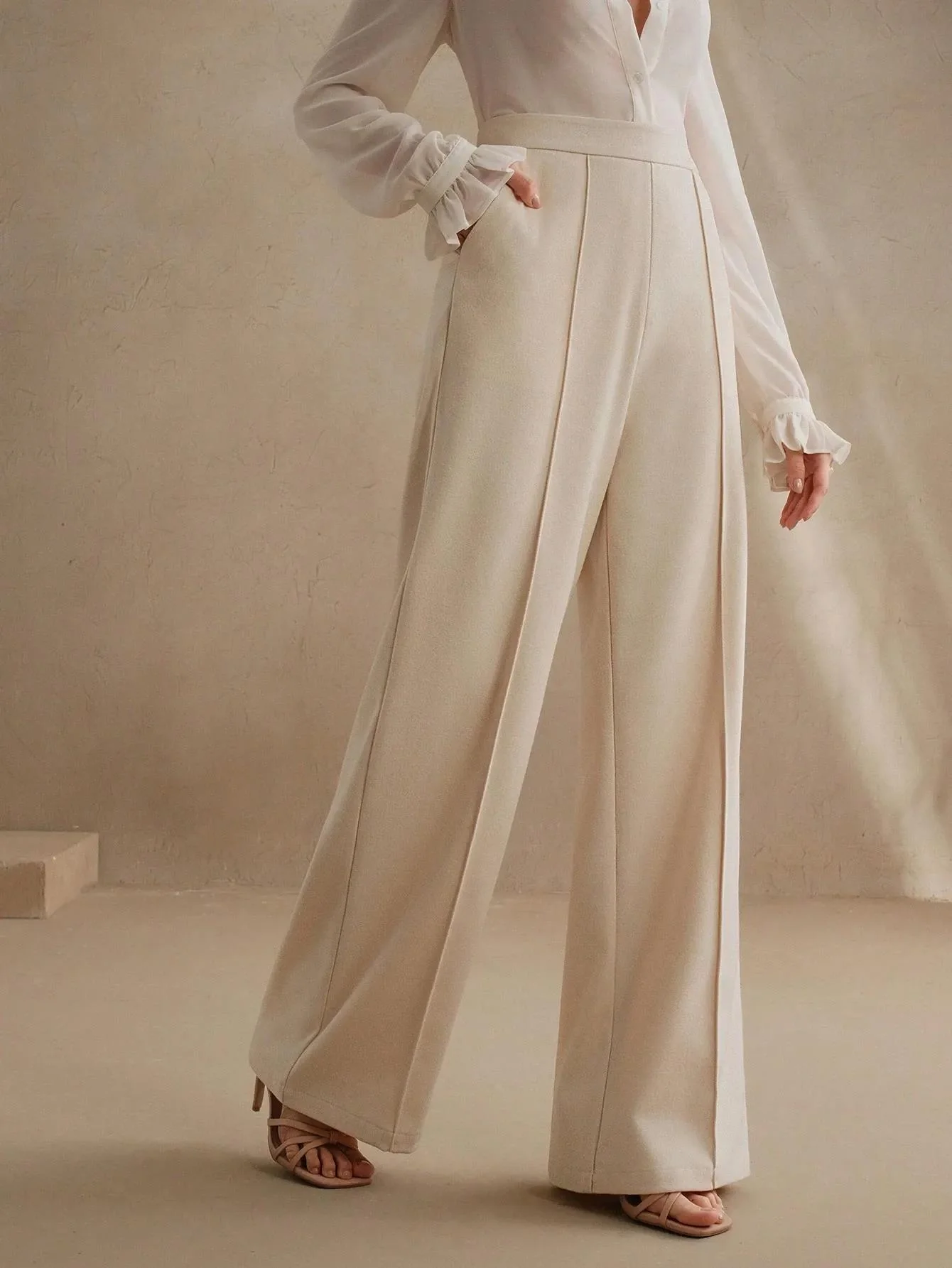 High-Waisted Beige Wide-Leg Pleated Trousers - Image 7