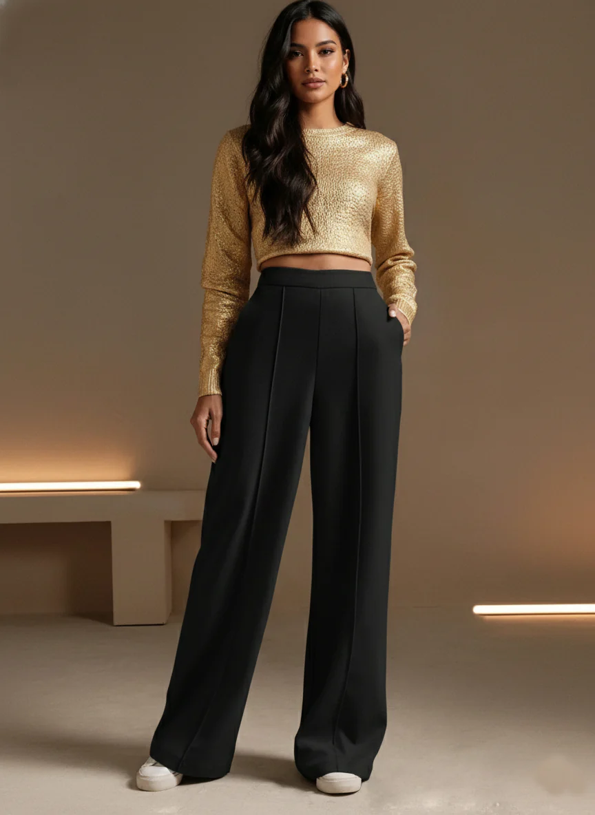 High-Waisted Black Wide-Leg Pleated Trousers - Image 2
