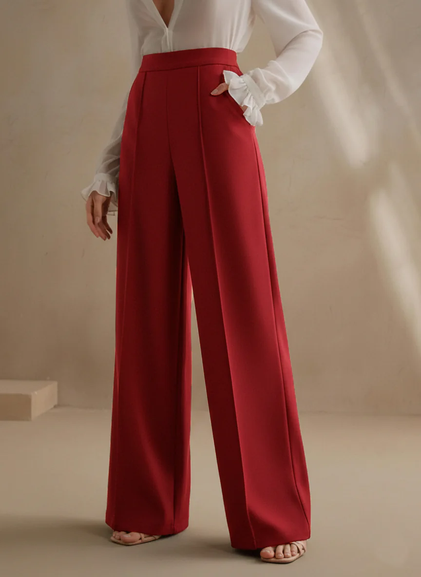 High-Waisted Burgundy Wide-Leg Pleated Trousers - Image 6