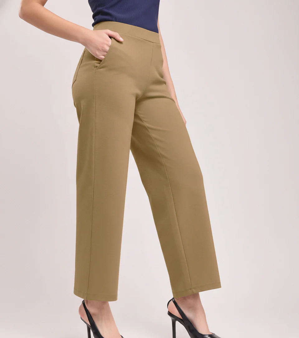 High-Waisted Camel Wide-Leg Cropped Trousers - Image 5