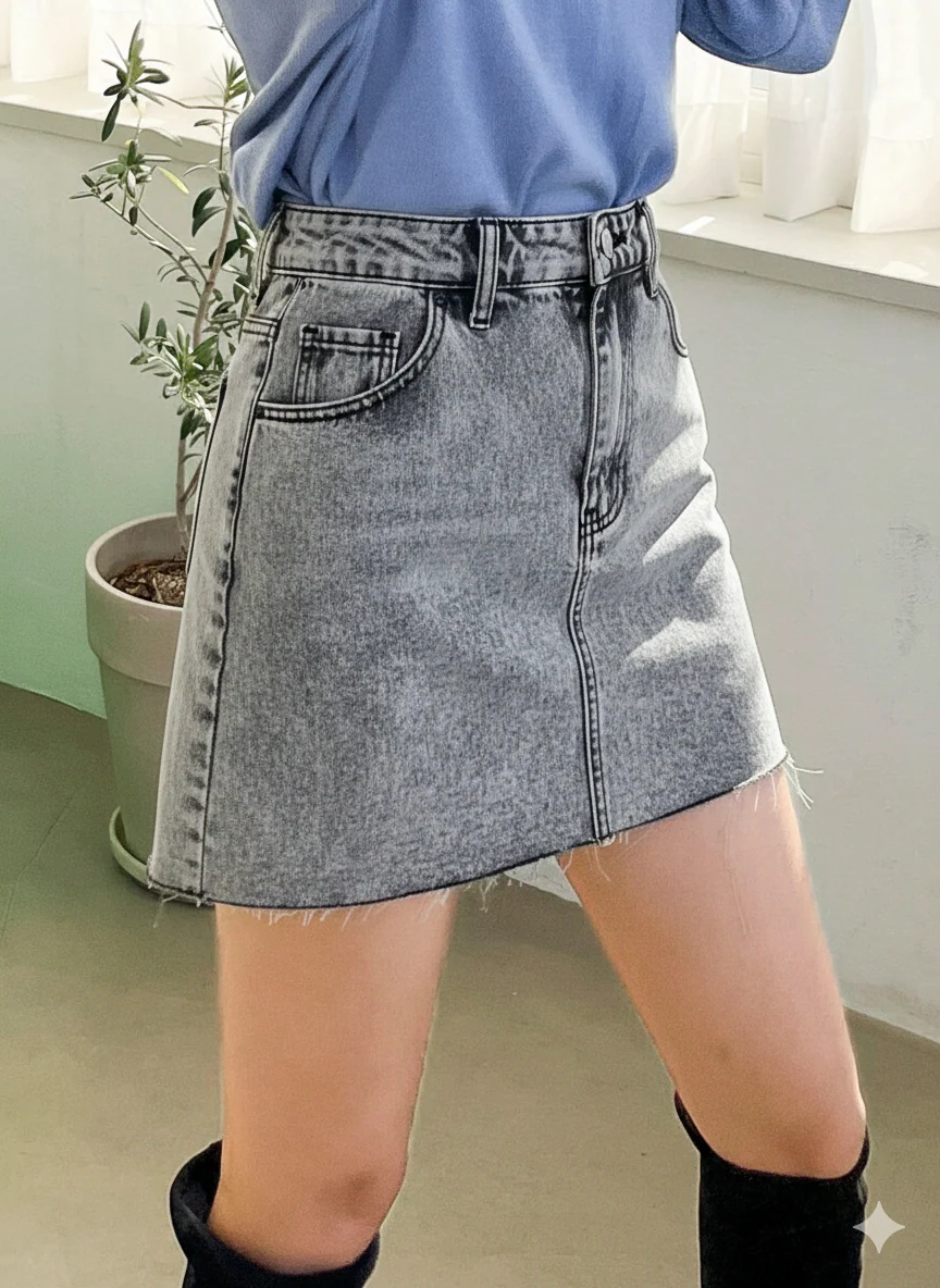 High-Waisted Grey Washed Denim Mini Skirt - Image 5