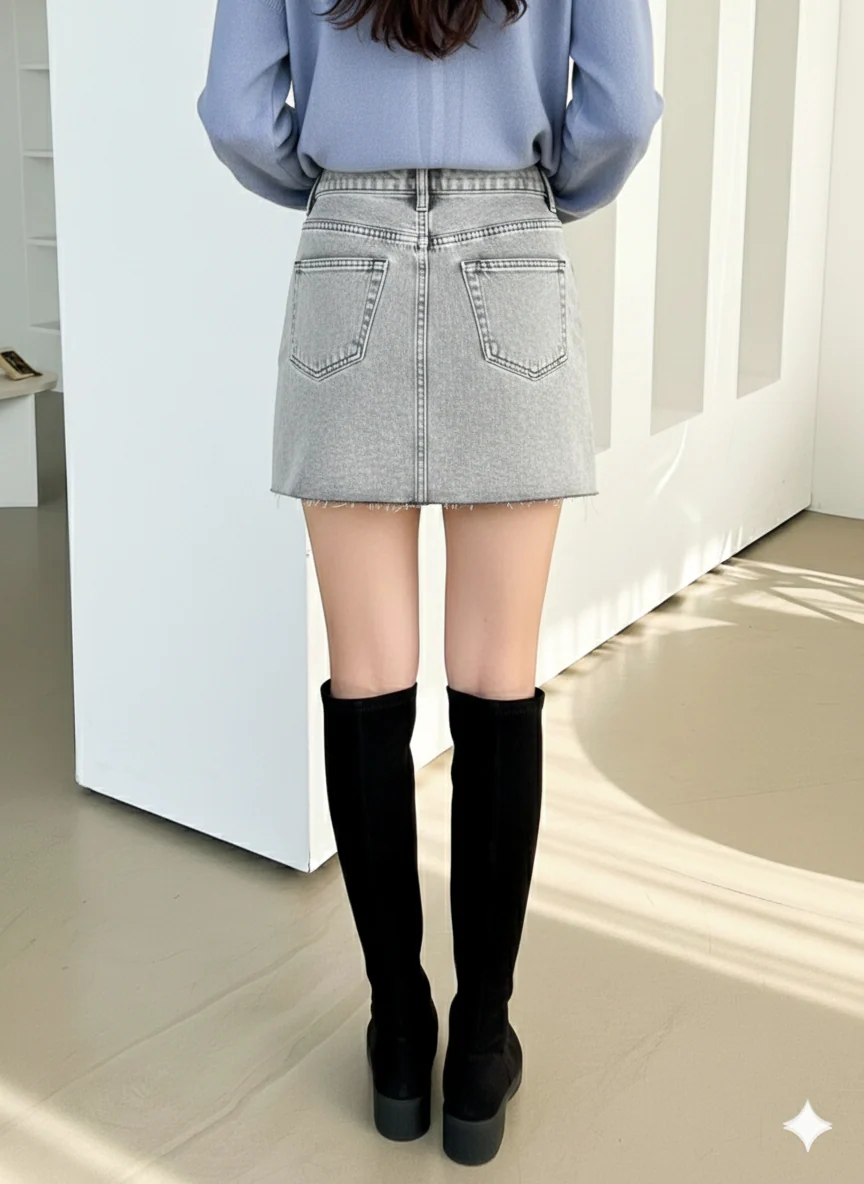High-Waisted Grey Washed Denim Mini Skirt - Image 6