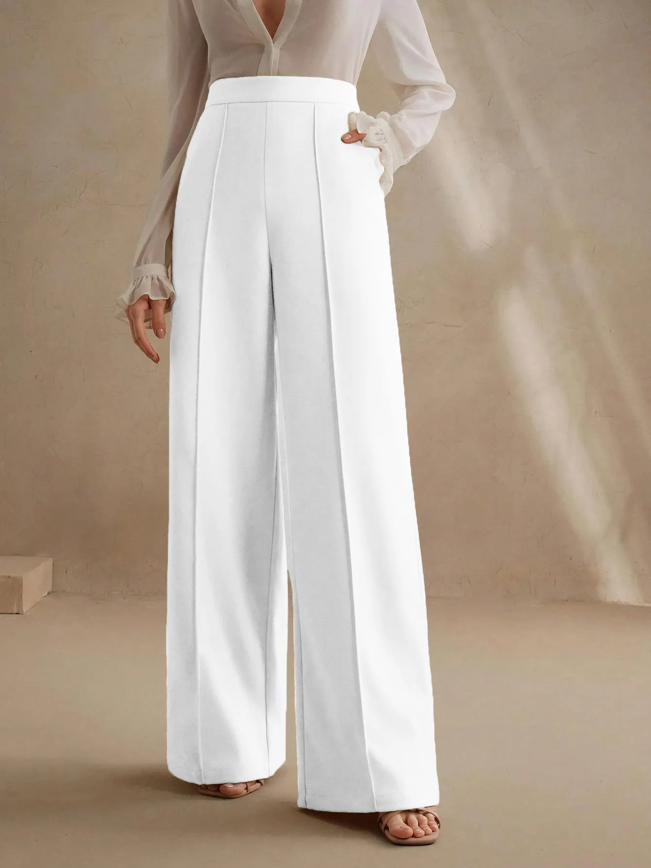 High-Waisted Ivory Wide-Leg Pleated Trousers - Image 2