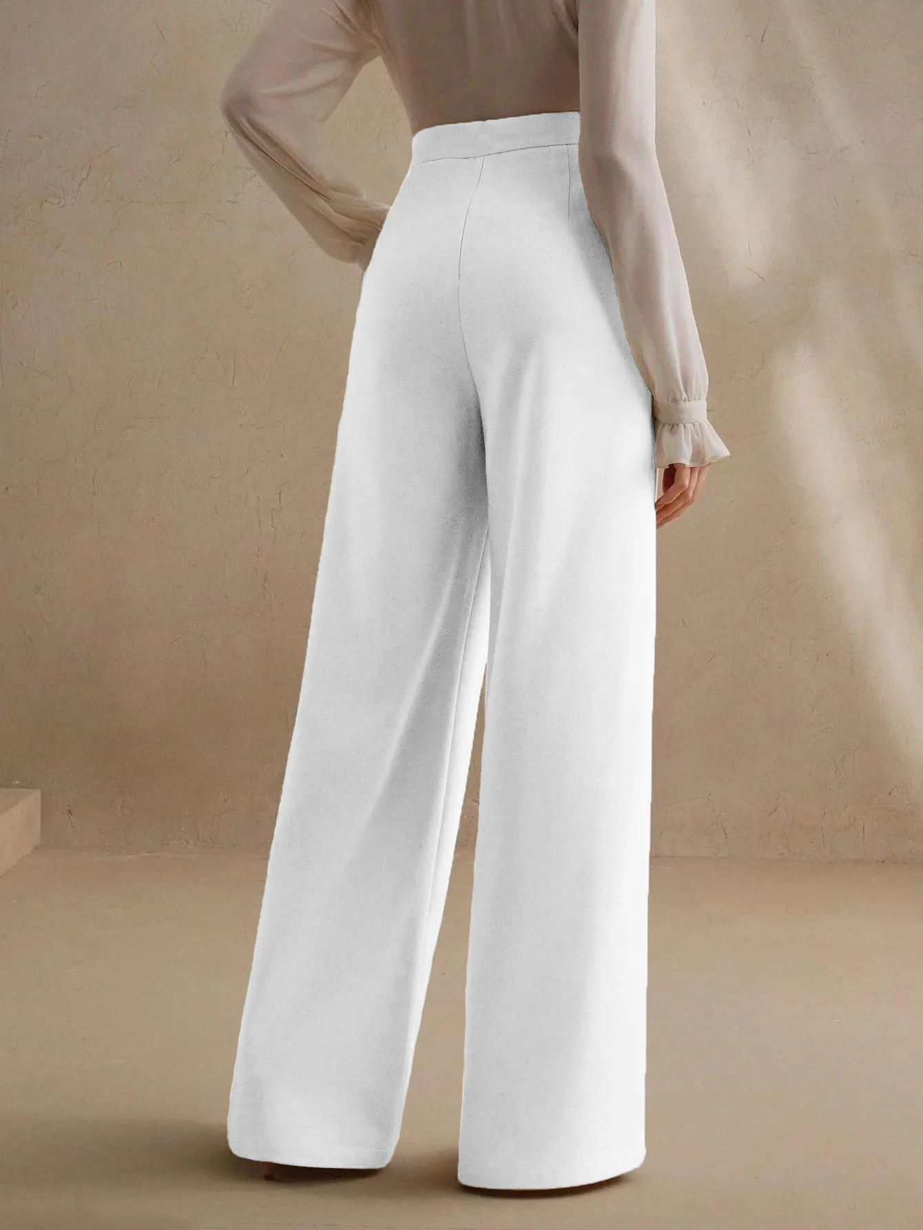 High-Waisted Ivory Wide-Leg Pleated Trousers - Image 4