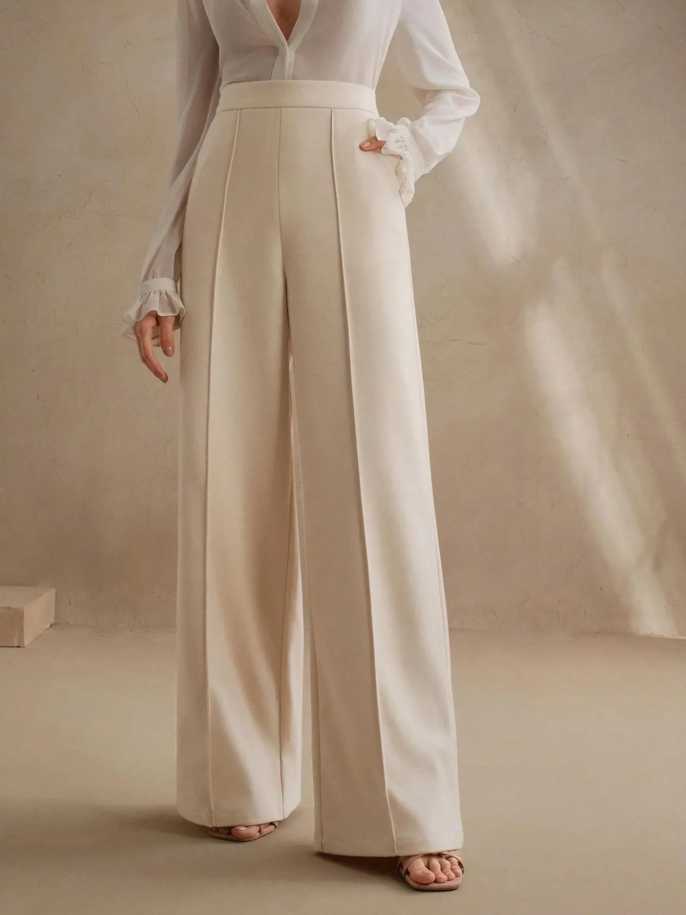 High-Waisted Ivory Wide-Leg Pleated Trousers - Image 6