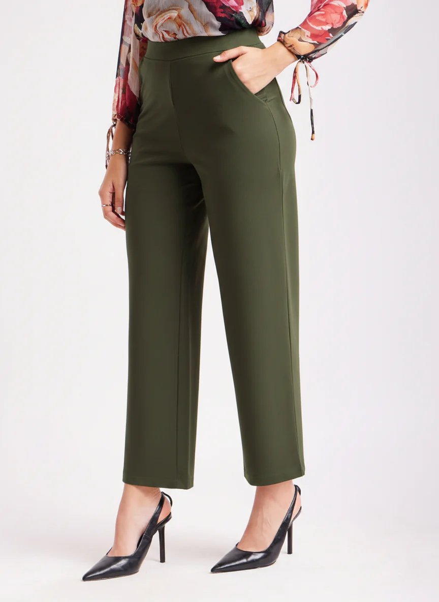 High-Waisted Olive Green Wide-Leg Cropped Trousers - Image 3