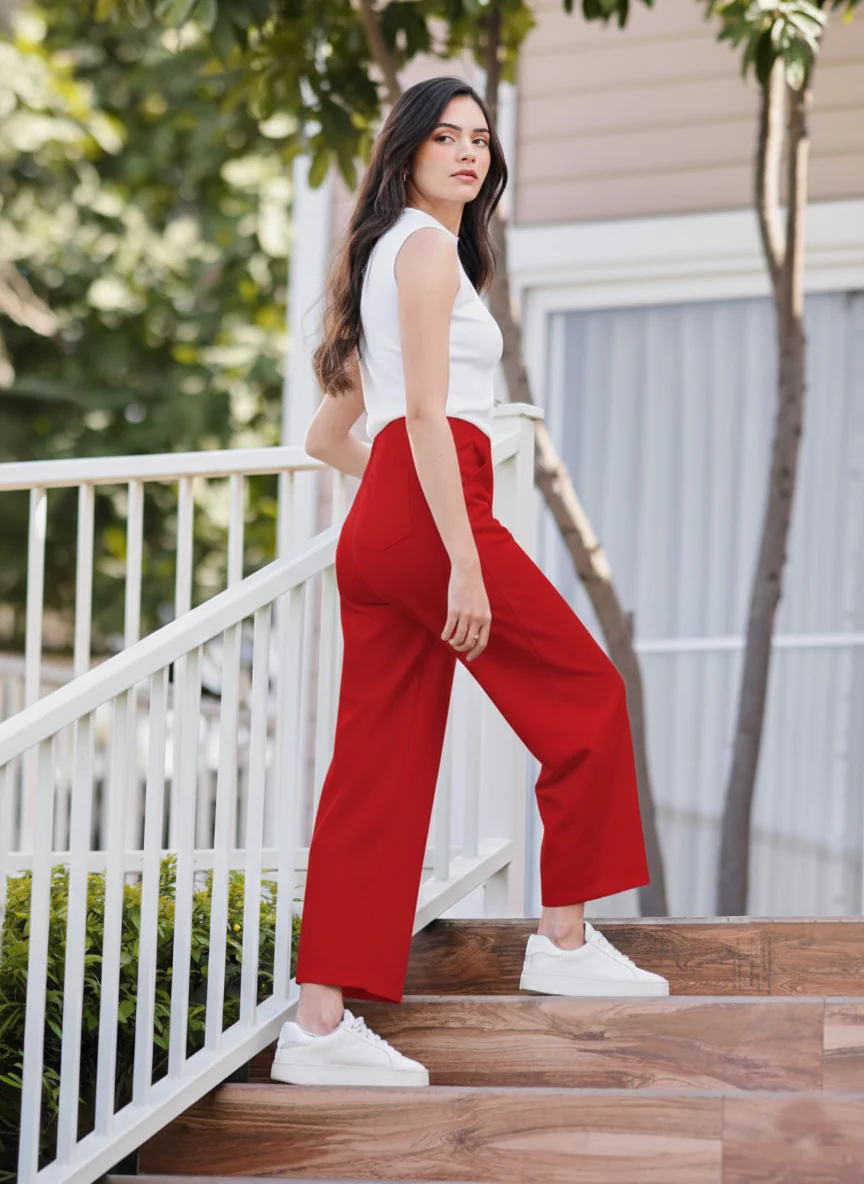 High-Waisted Red Wide-Leg Cropped Trousers - Image 7