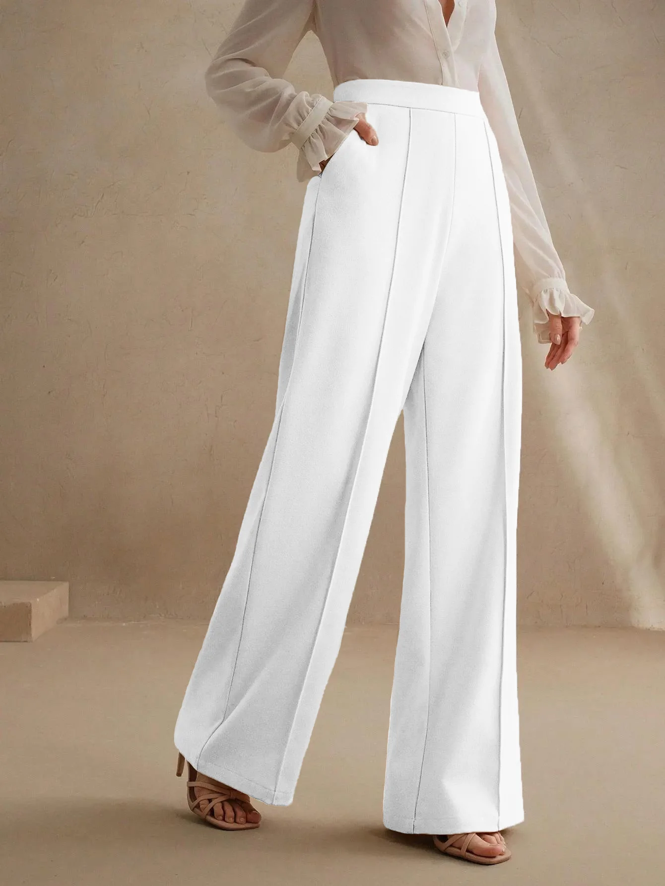 High-Waisted White Wide-Leg Pleated Trousers - Image 7