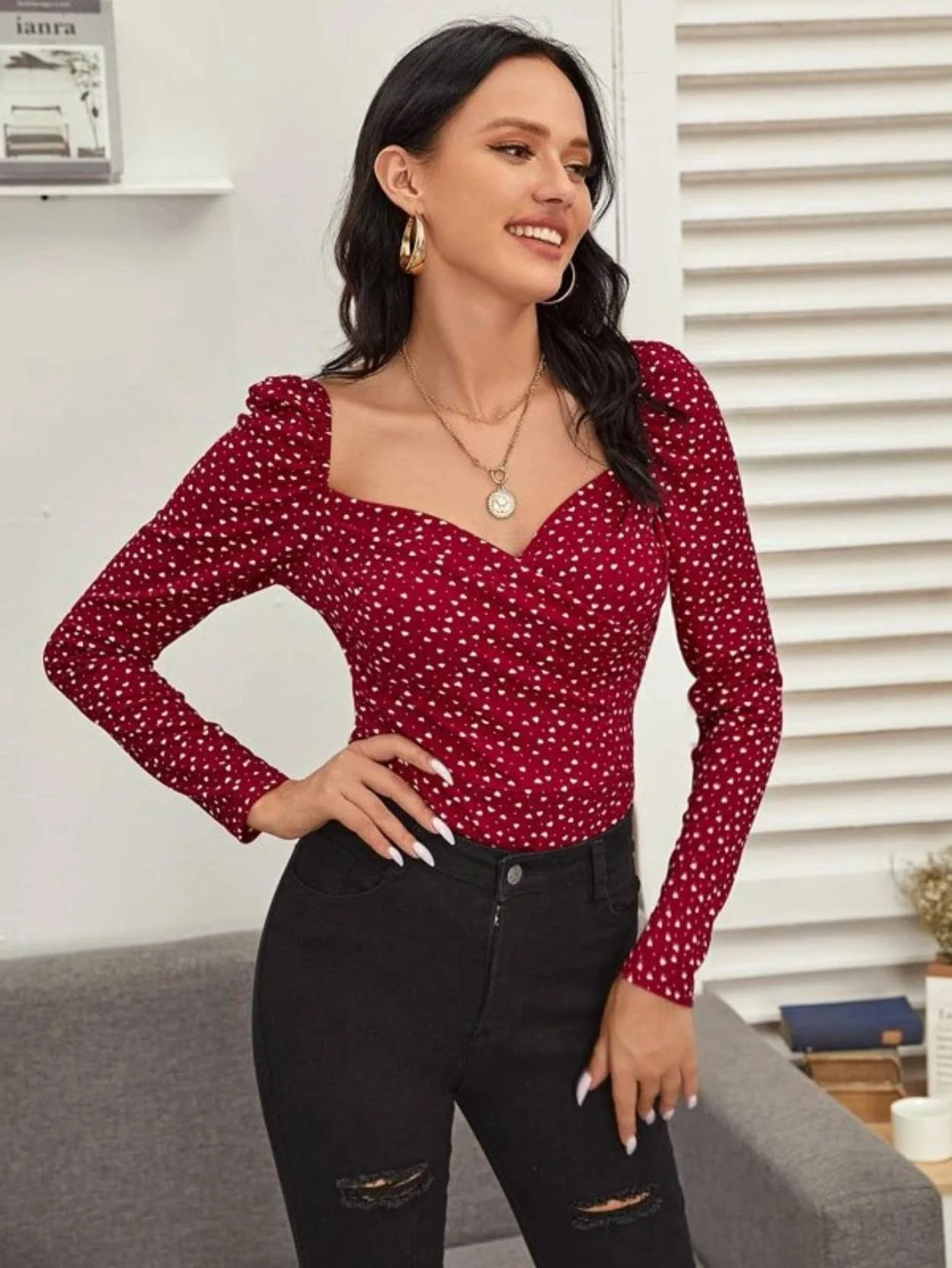 KOTTY  Casual Puff Sleeves Printed Women Maroon Top - Image 5