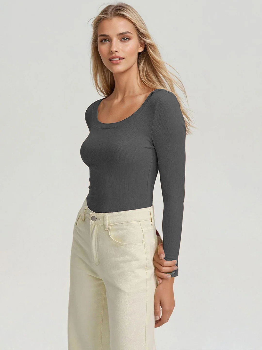 KOTTY Charcoal Grey Ribbed Long Sleeve Top - Image 2