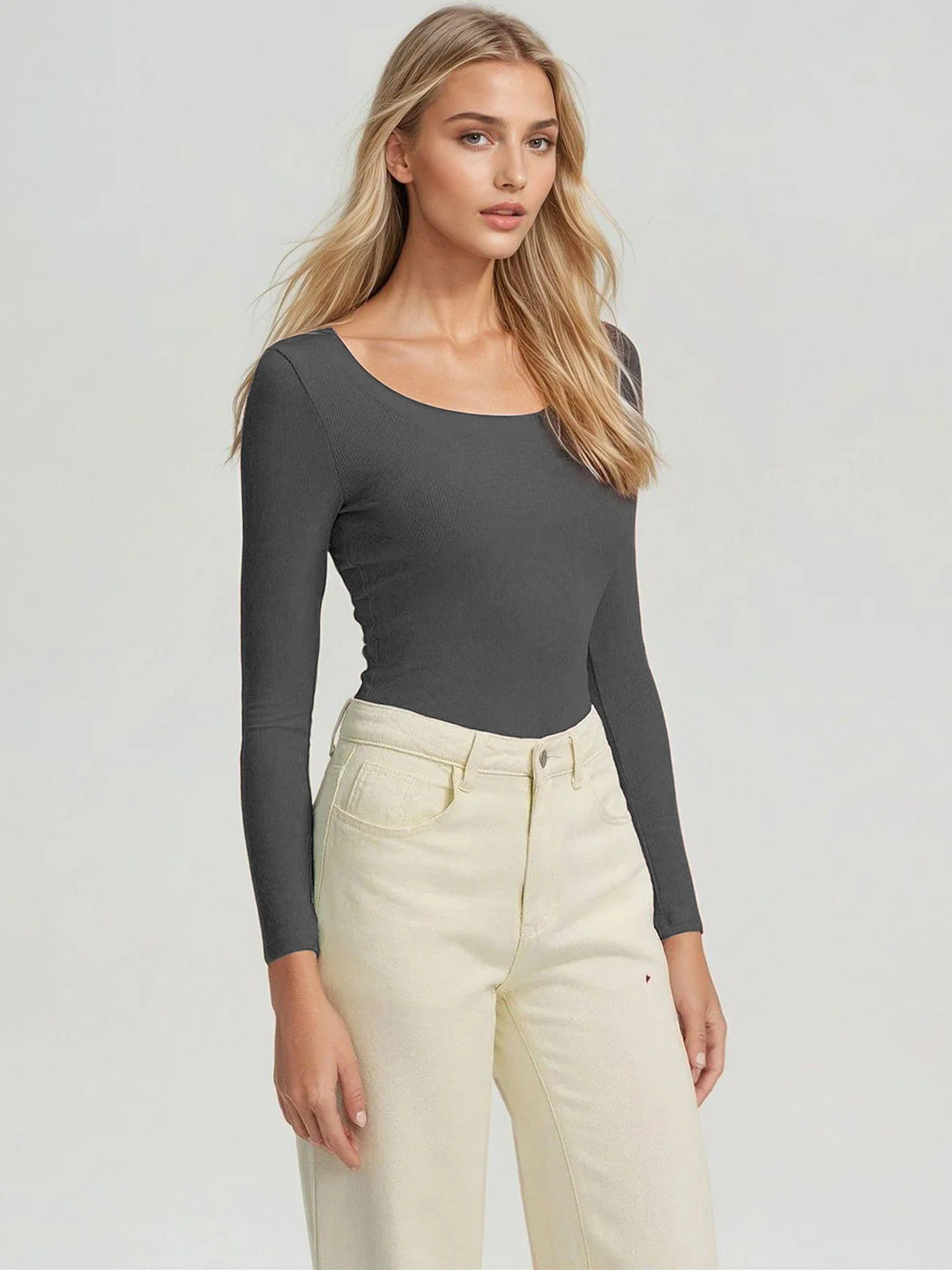 KOTTY Charcoal Grey Ribbed Long Sleeve Top - Image 6