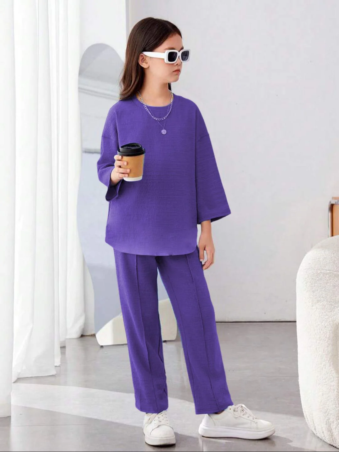 Kotty Girls Purple Round Neck Long Sleeves Top With Trouser - Image 3