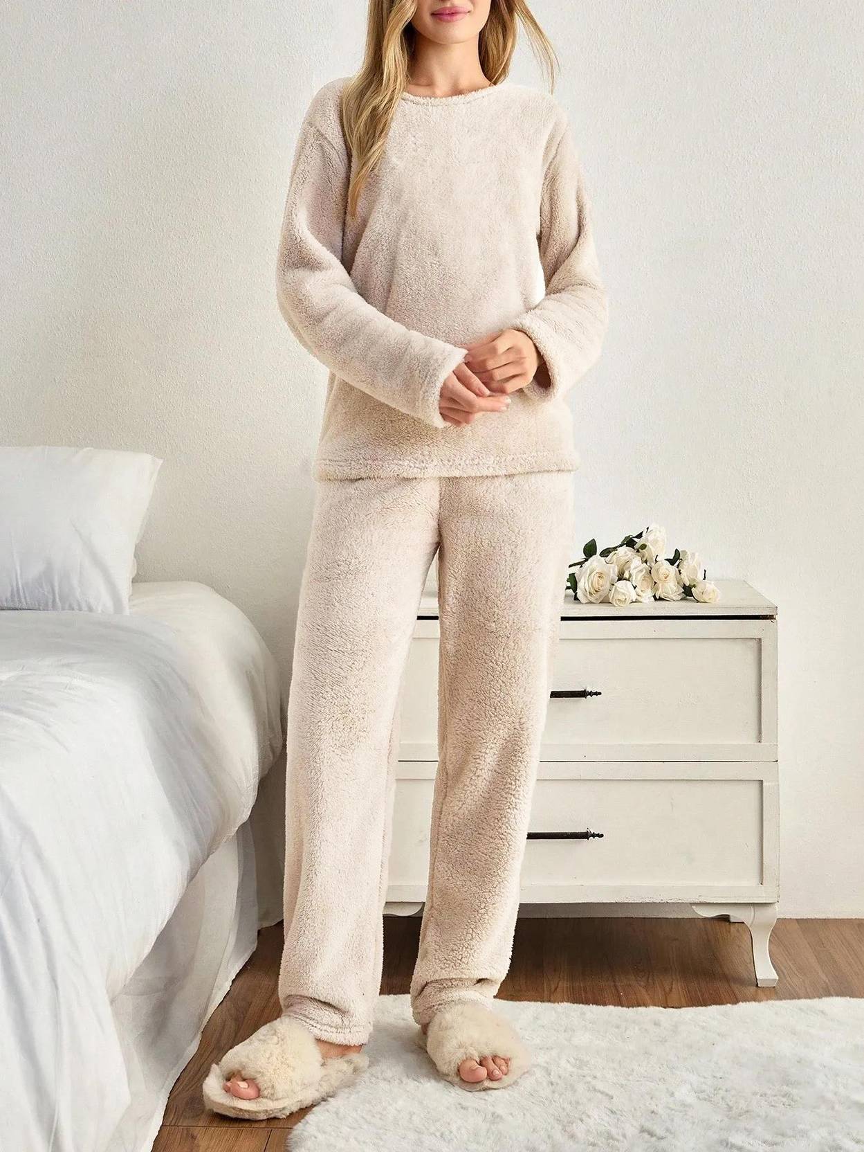 KOTTY  Women Night Suit Set Beige Solid - Image 2