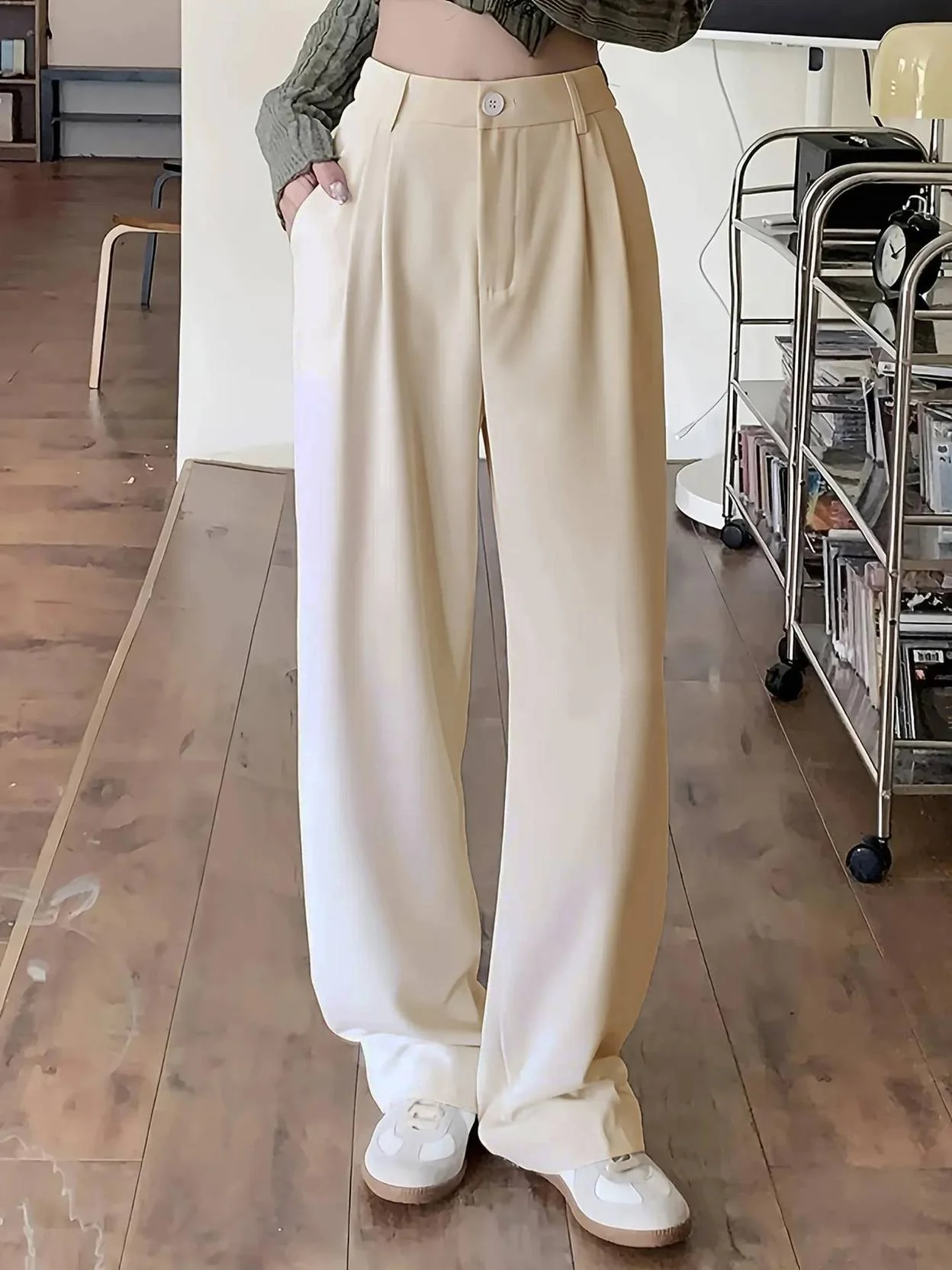 KOTTY Women Relaxed Beige Cotton Blend Trousers