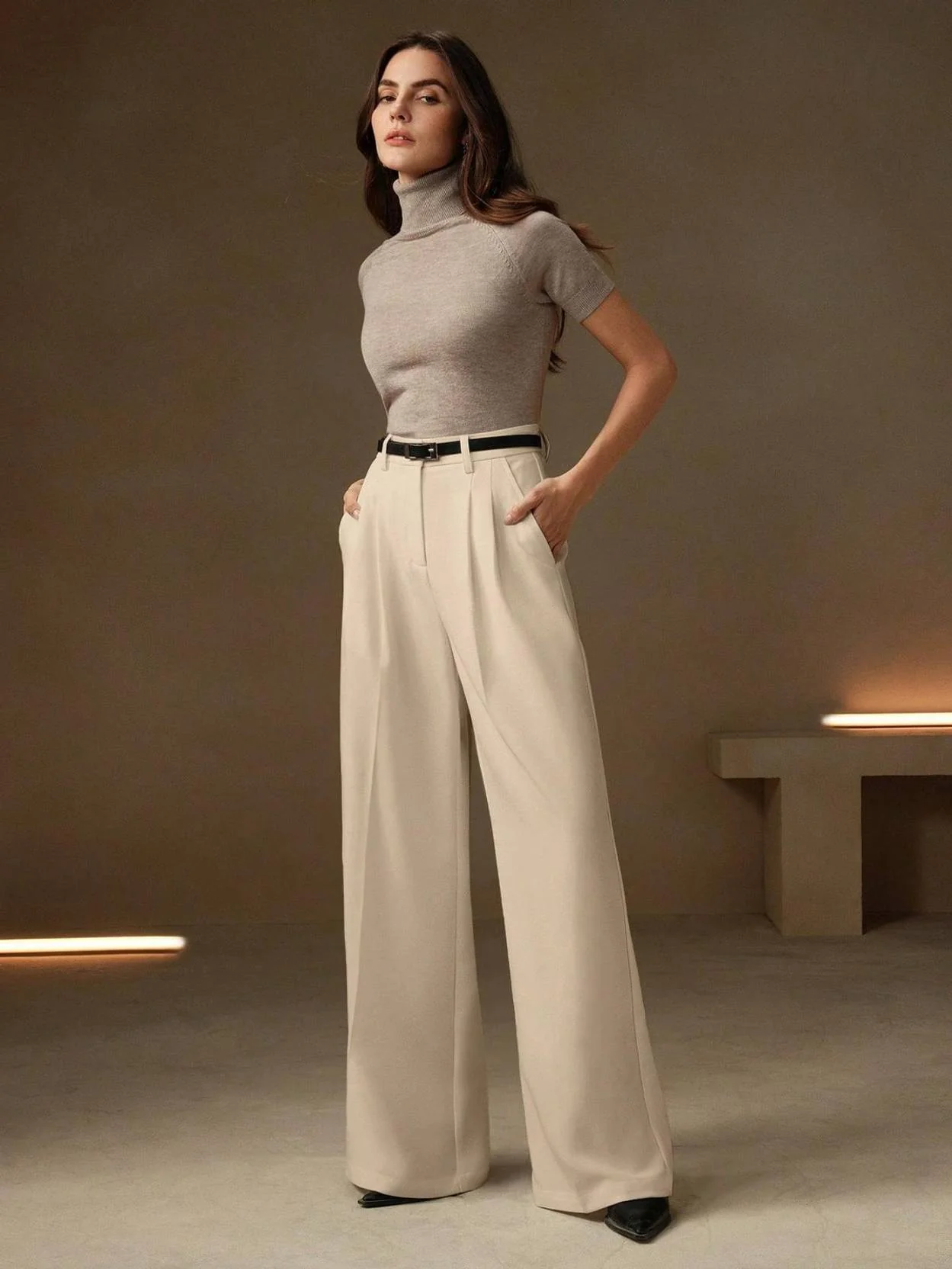 KOTTY Women Relaxed Beige Viscose Rayon Trousers