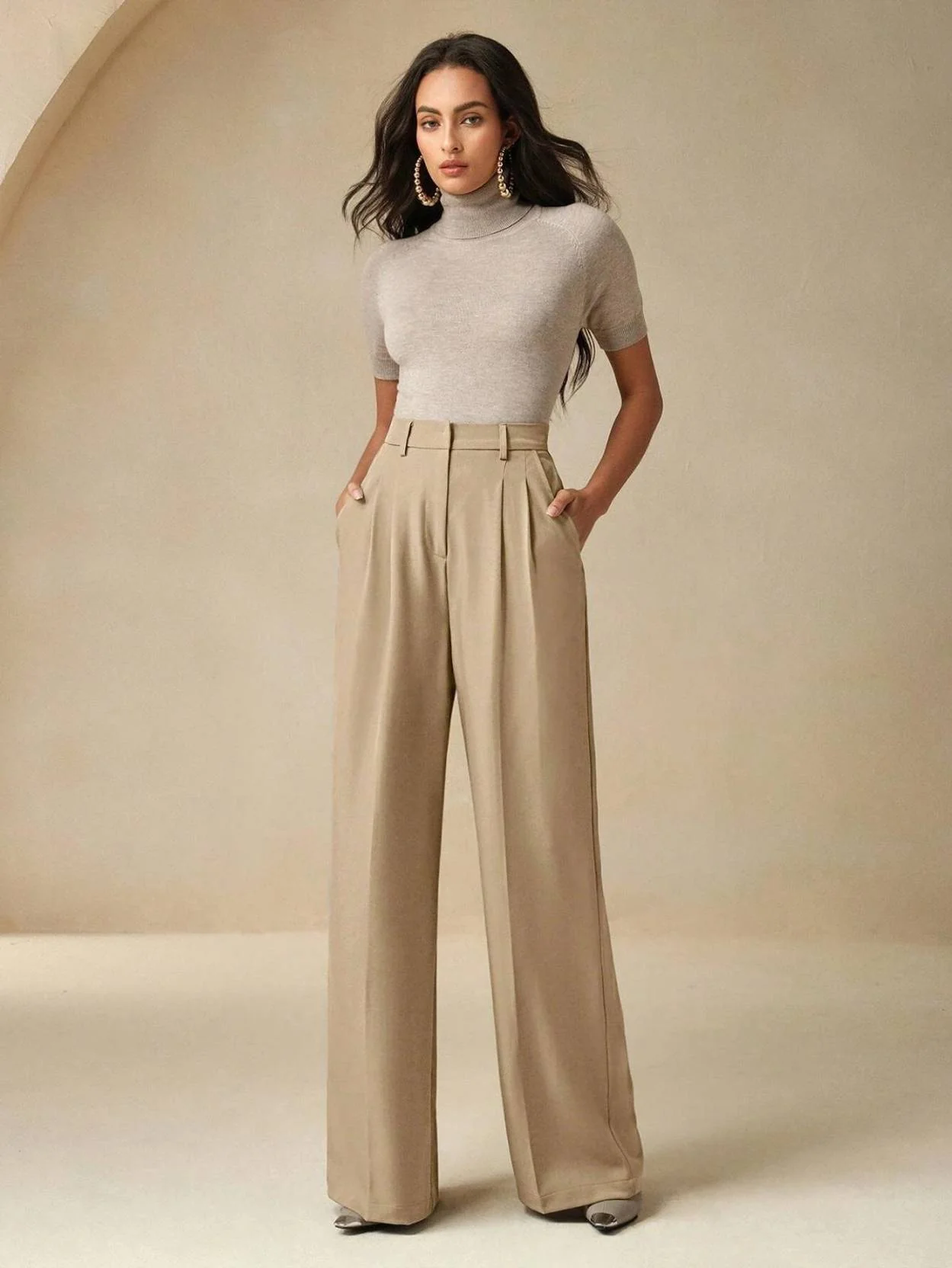 KOTTY Women Relaxed Beige Viscose Rayon Trousers