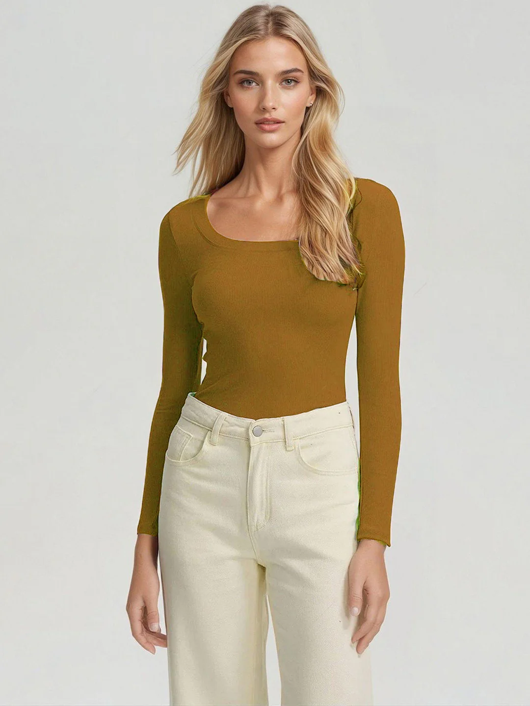 KOTTY Women’s Mustard Brown Long Sleeve Fitted Top - Image 3