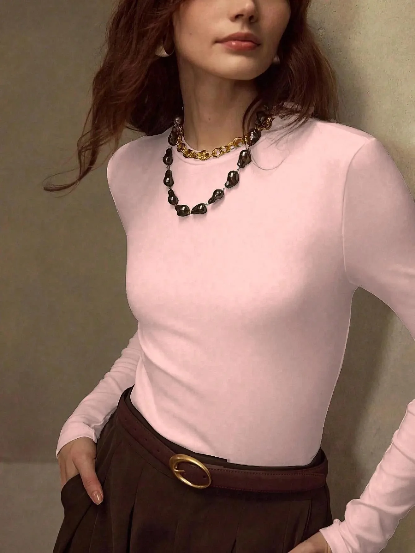 KOTTY Women Solid Baby Pink Long Sleeve Slim Fit Top - Image 2