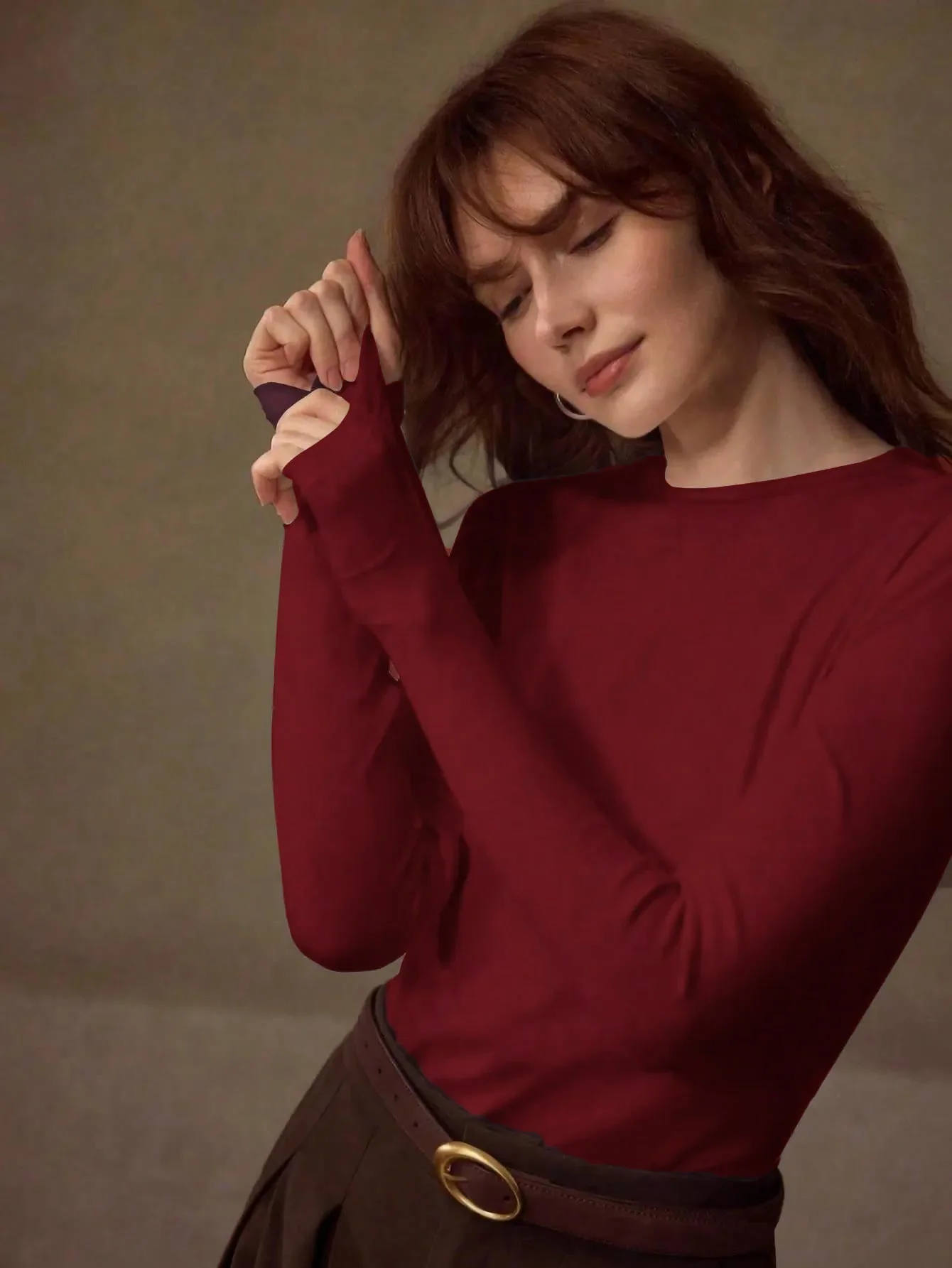 KOTTY Women Solid Maroon Long Sleeve Slim Fit Top