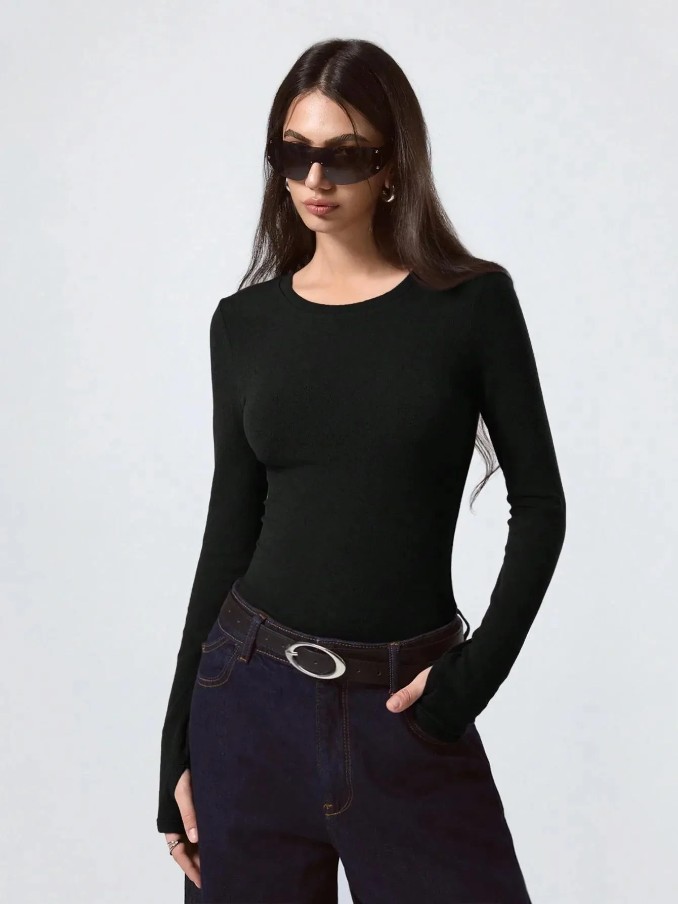 KOTTY Women's Black Long Sleeve Fitted Top