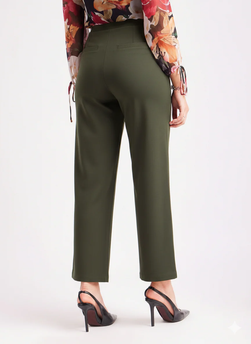 Olive Green High Waist Straight Fit Pants - Image 2
