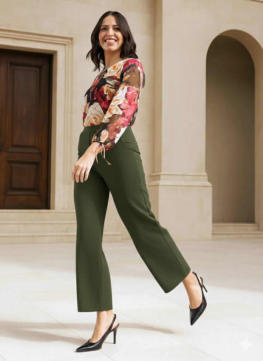 Olive Green High Waist Straight Fit Pants - Image 3