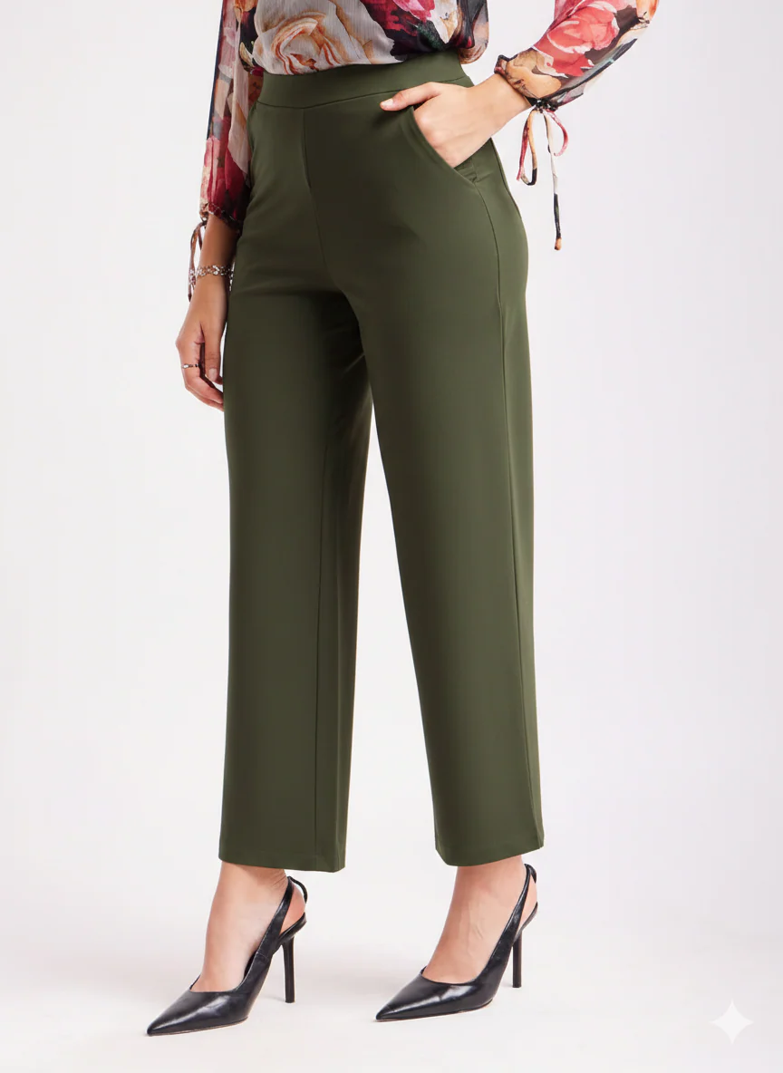 Olive Green High Waist Straight Fit Pants - Image 5