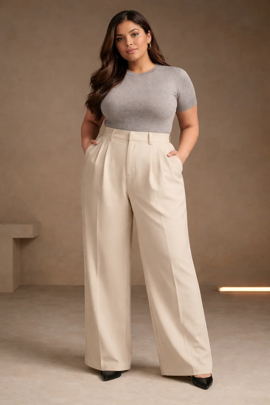 Plus Size Women’s Beige Wide Leg Palazzo Pants