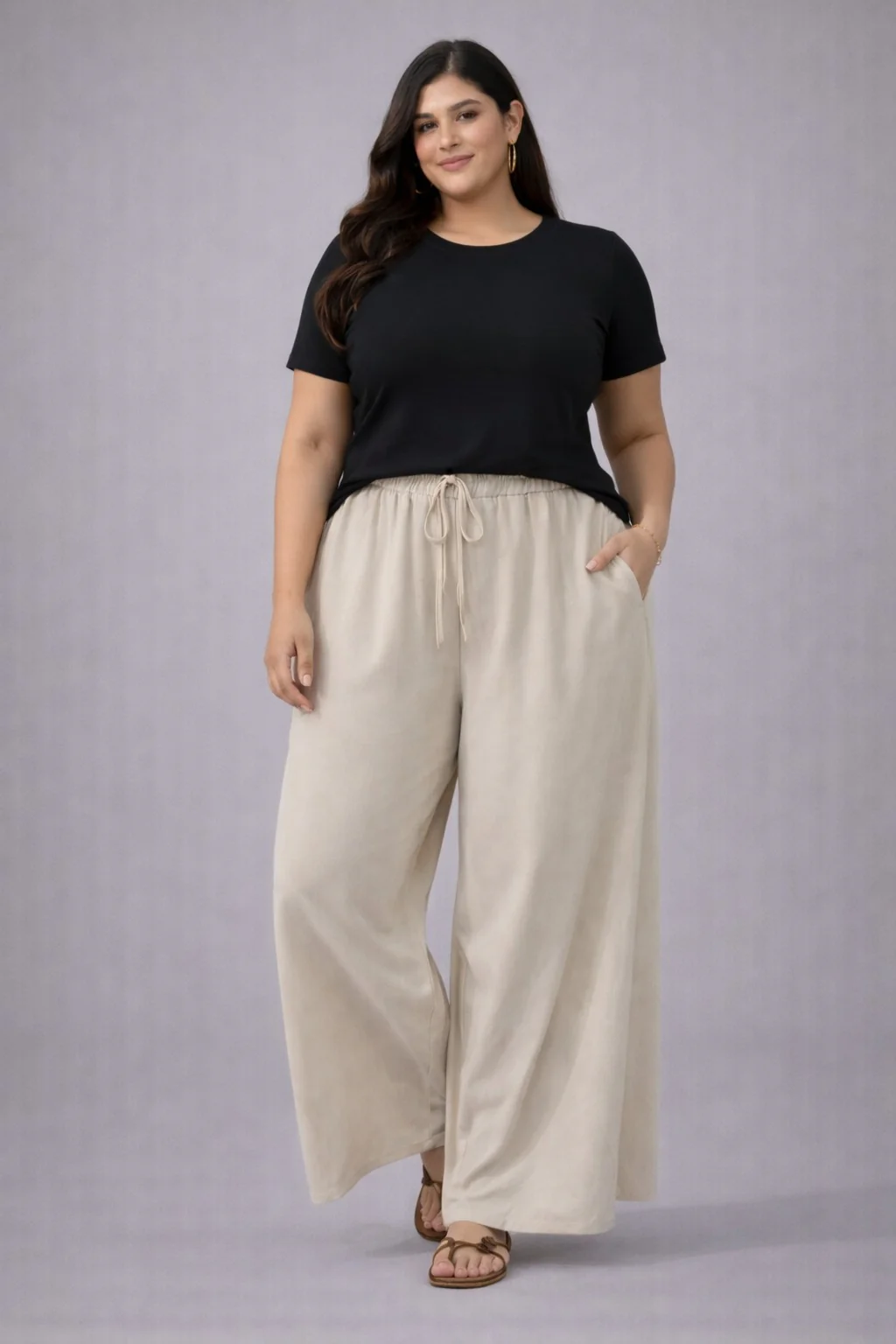 Plus Size Women’s Beige Wide Leg Palazzo Pants - Image 3