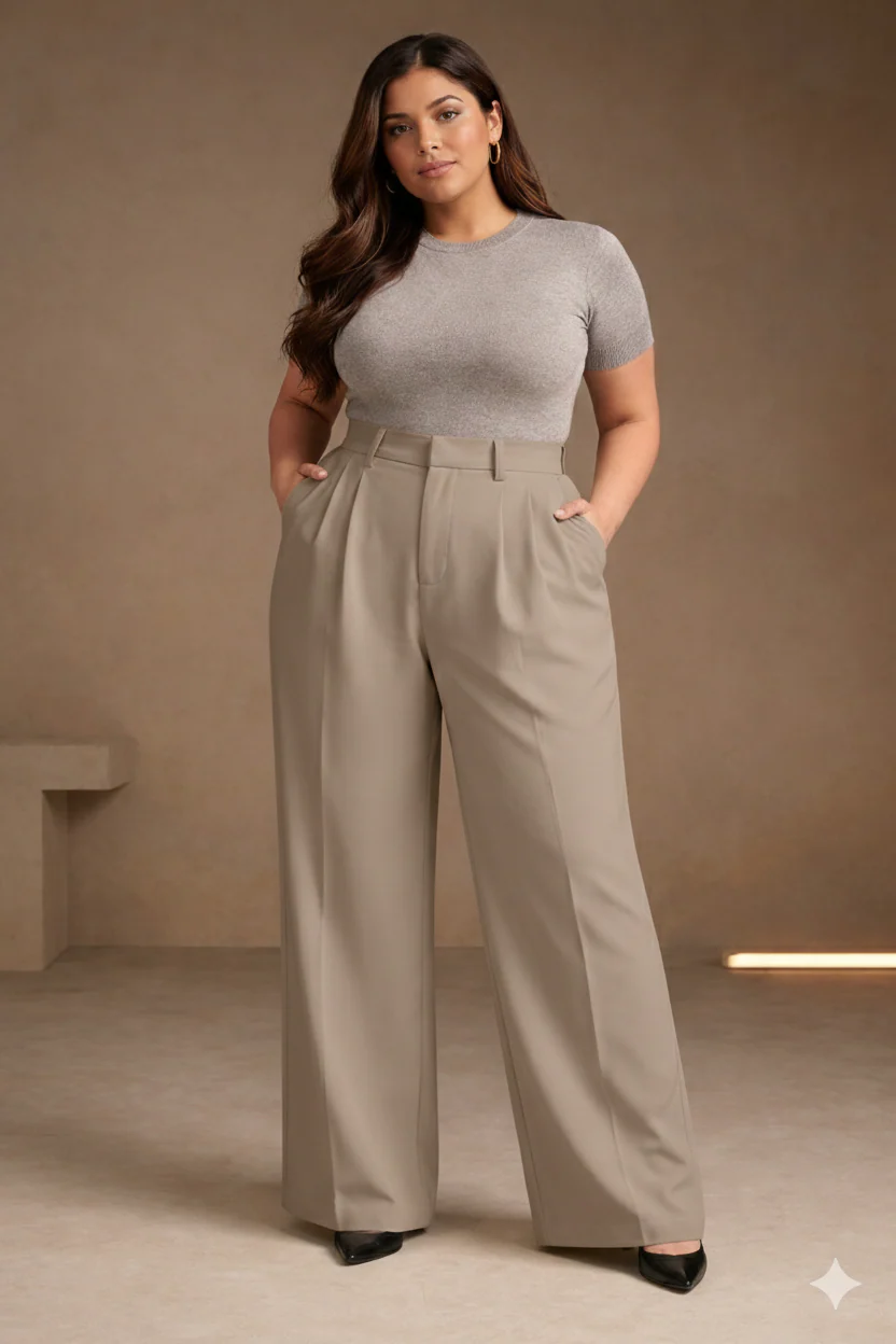 Plus Size Women’s Dirty Beige Wide Leg Palazzo Pants - Image 4