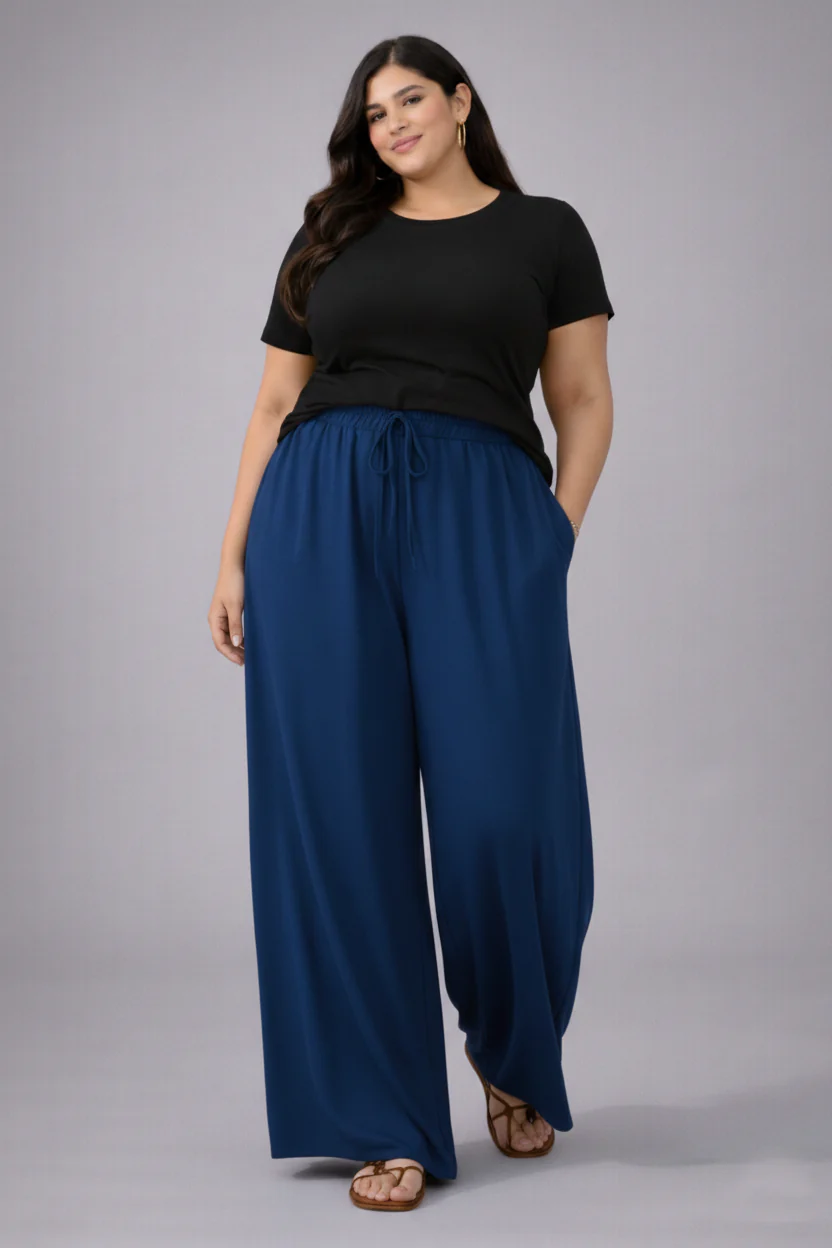 Plus Size Women’s Navy Blue Wide Leg Palazzo Pants - Image 4