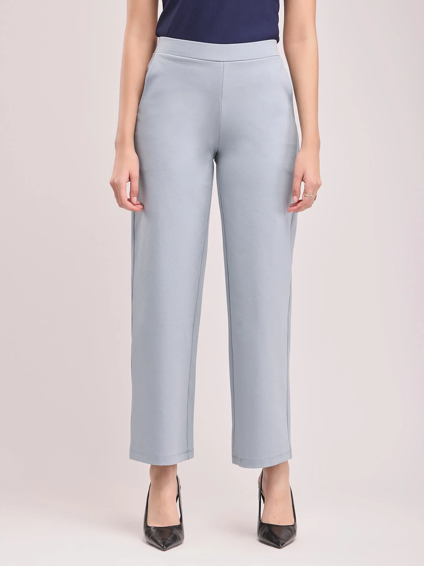 Women Light Grey High Waist Straight Fit Pants