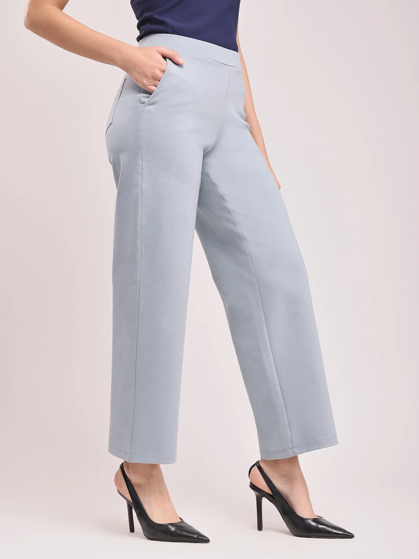 Women Light Grey High Waist Straight Fit Pants - Image 6
