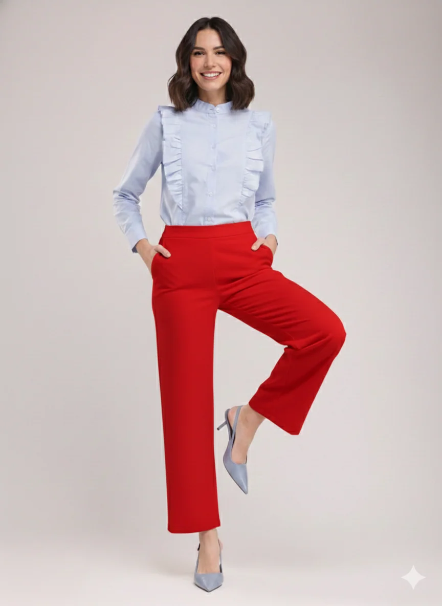 Women Red High Waist Straight Fit Pants - Image 4