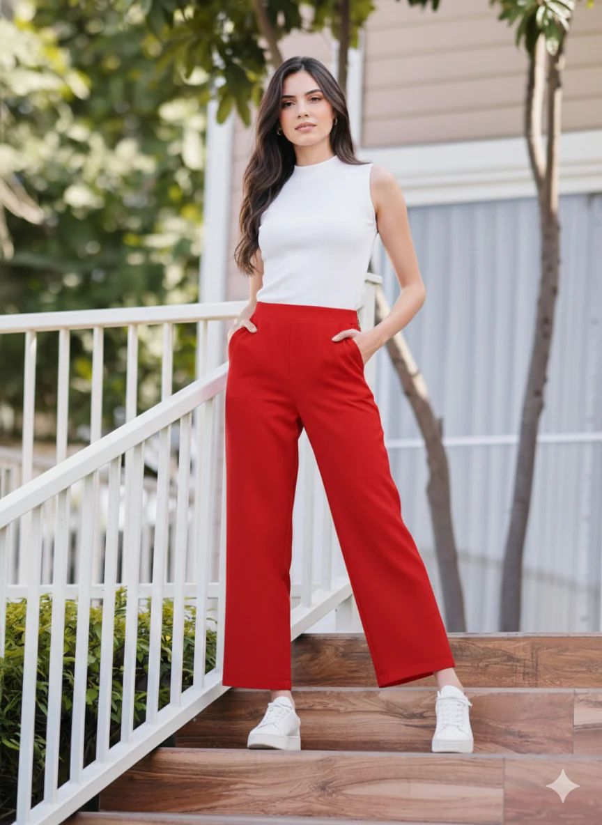 Women Red High Waist Straight Fit Pants - Image 5