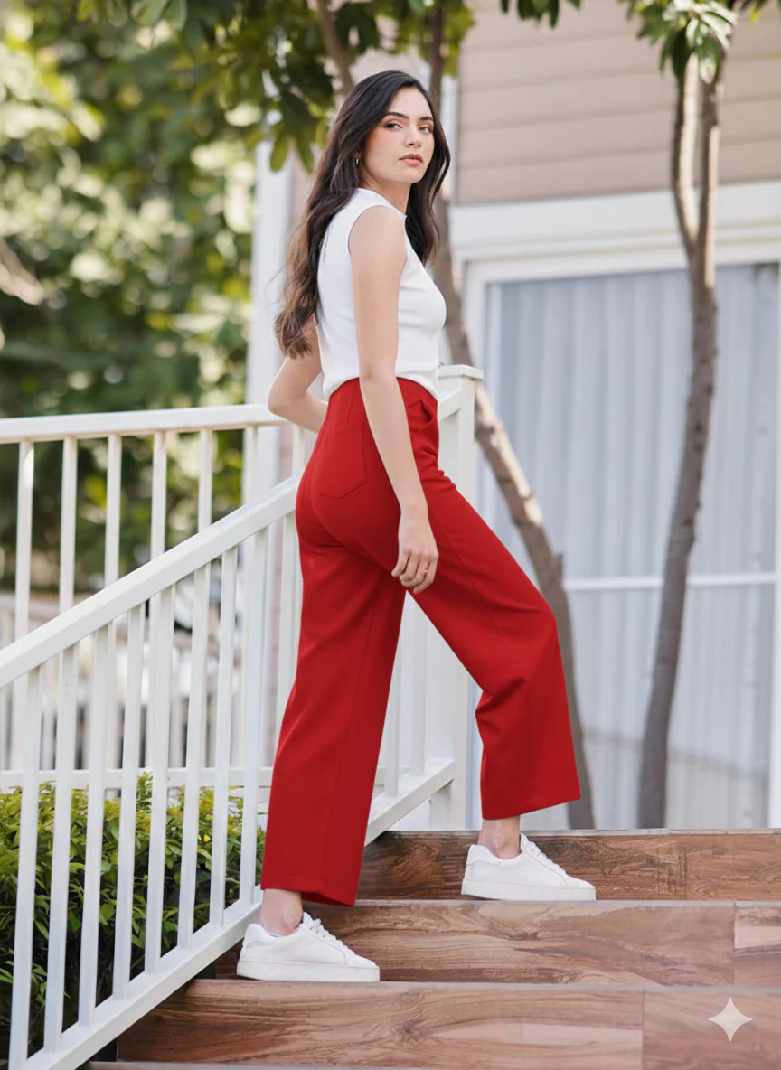 Women Red High Waist Straight Fit Pants - Image 6