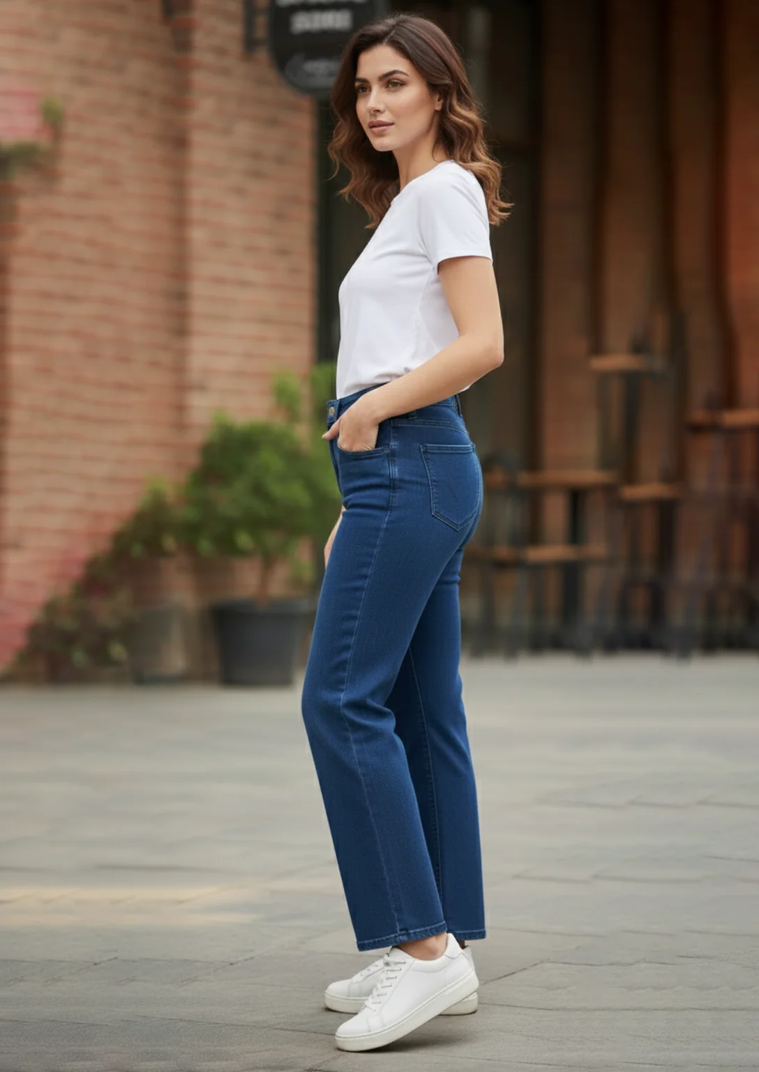 Women’s Dark Blue High Waisted Slim Fit Jeans - Image 2