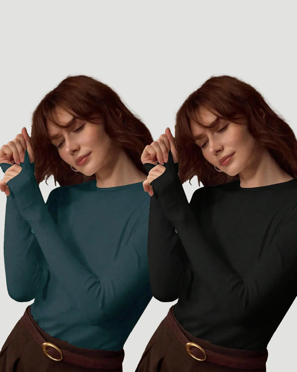 Women's 2-Pack Long Sleeve Crew Neck Tops Teal Black