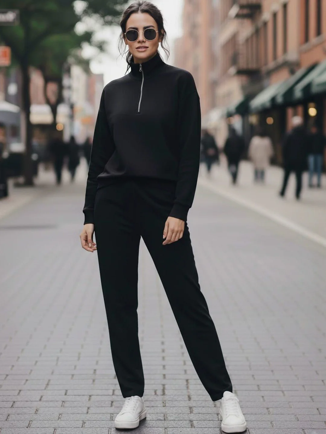 Women's Black Half-Zip Sweatshirt & Joggers Winter Set