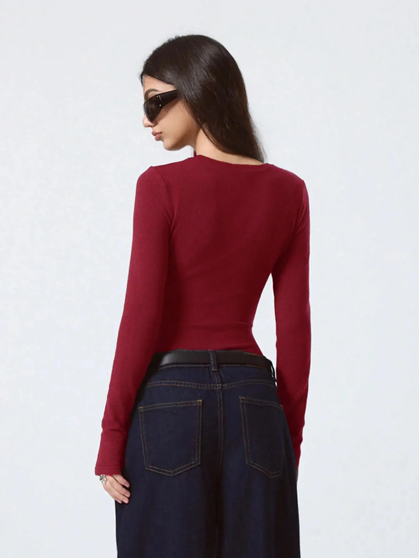 Women's Maroon Long Sleeve Fitted Top - Image 2