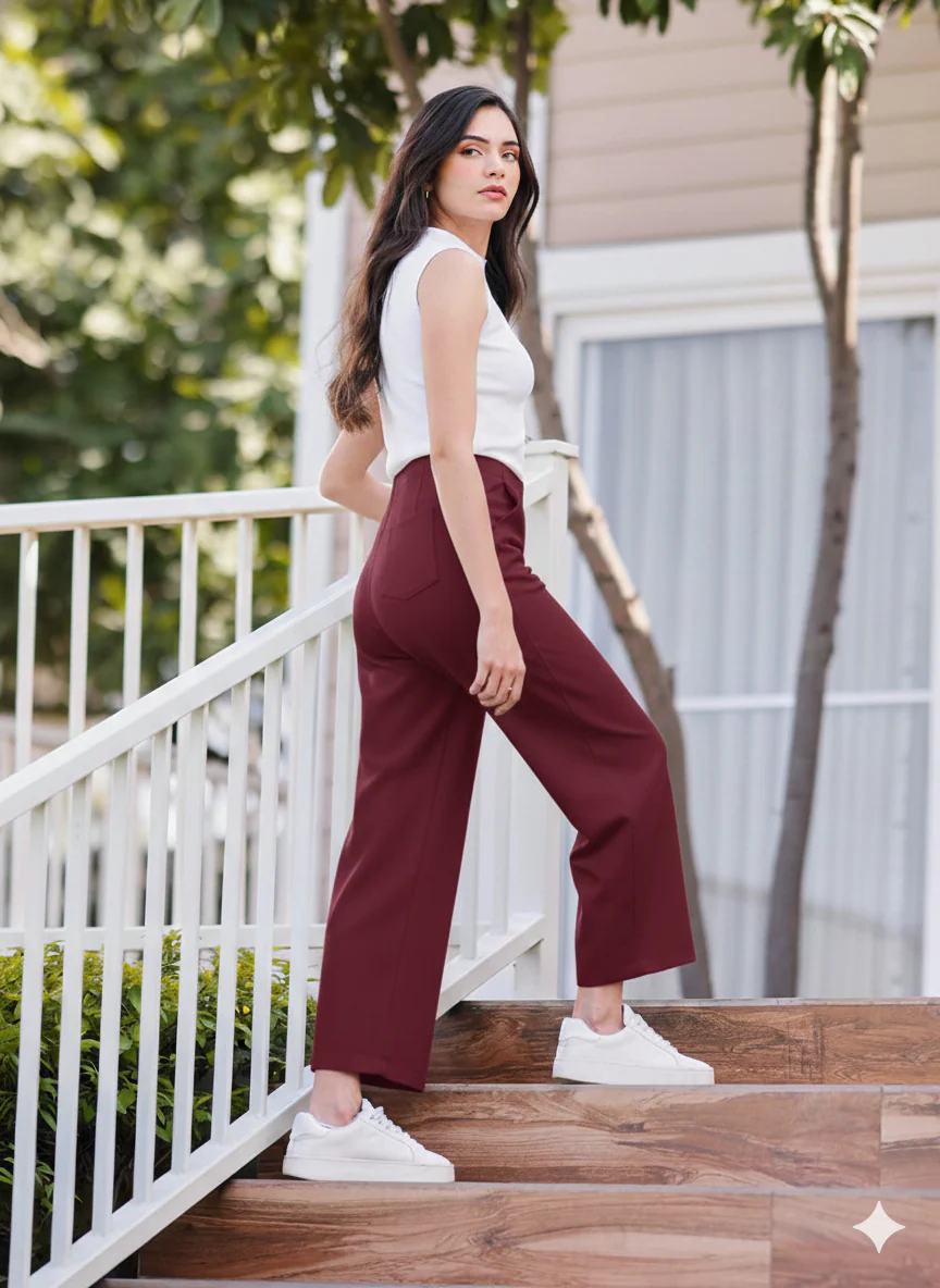 Women's Maroon Wide Leg Cropped Pants - Image 3