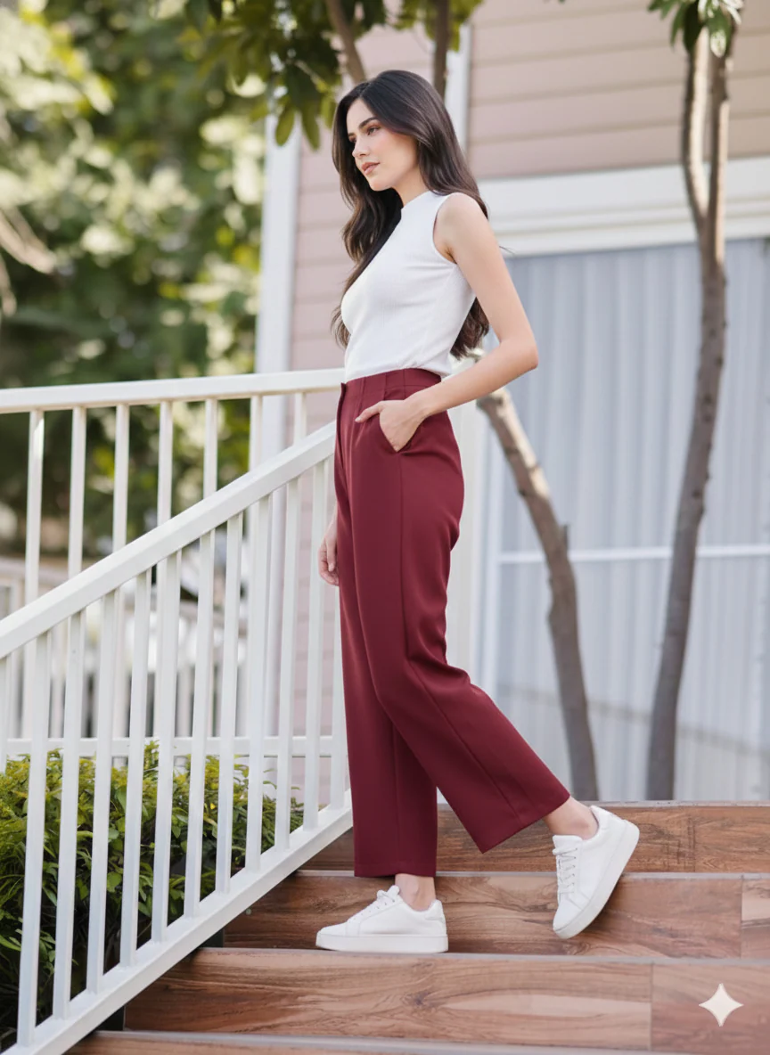Women's Maroon Wide Leg Cropped Pants - Image 5