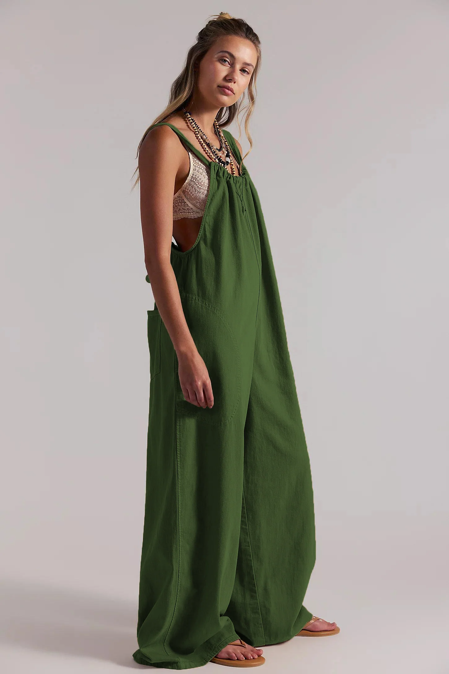 Women's Olive Green Sleeveless Wide Leg Jumpsuit with Pockets - Image 4